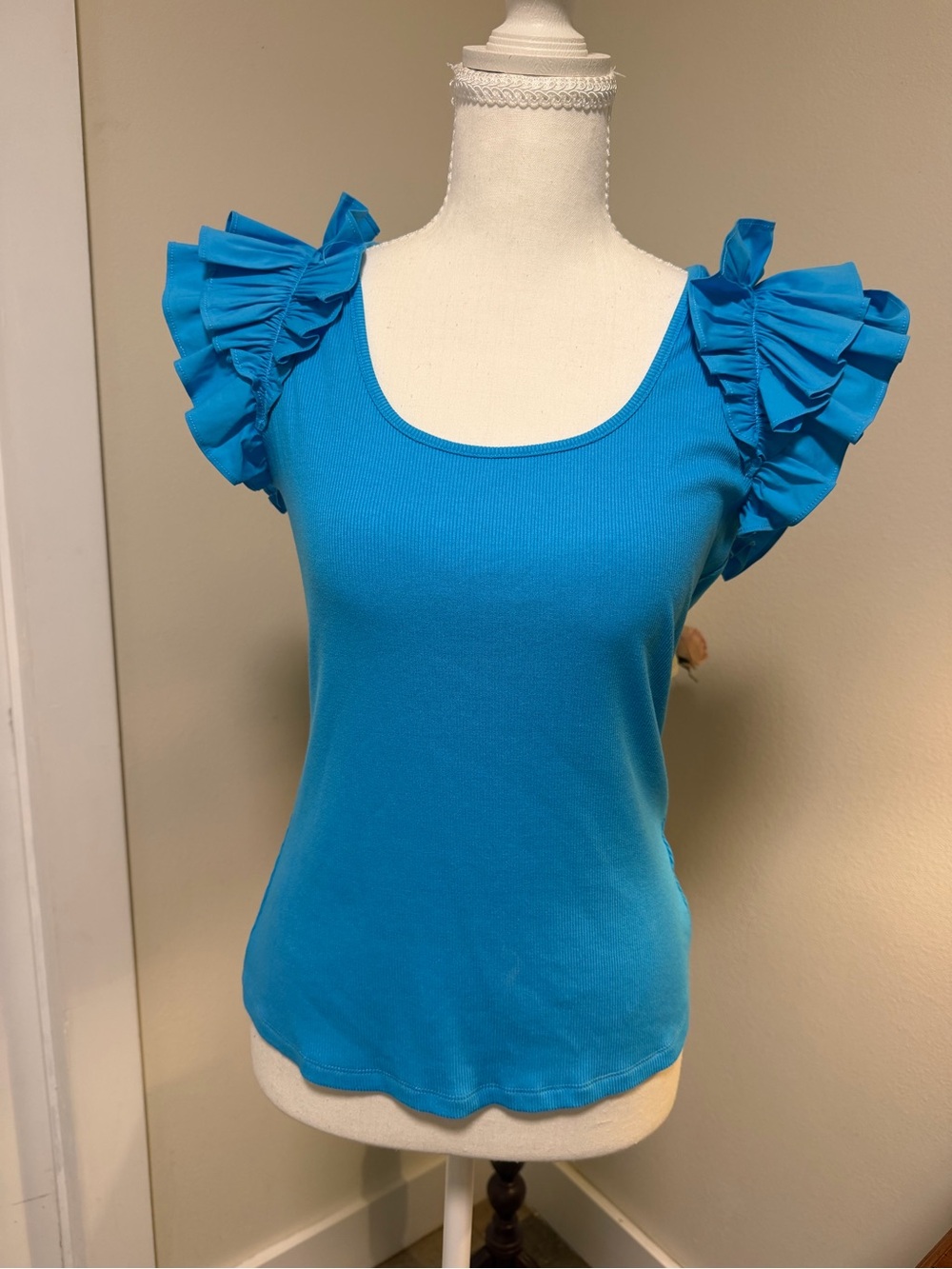 Sugarlips Turquoise Ruffle Sleeve Scoop Neck Tank
